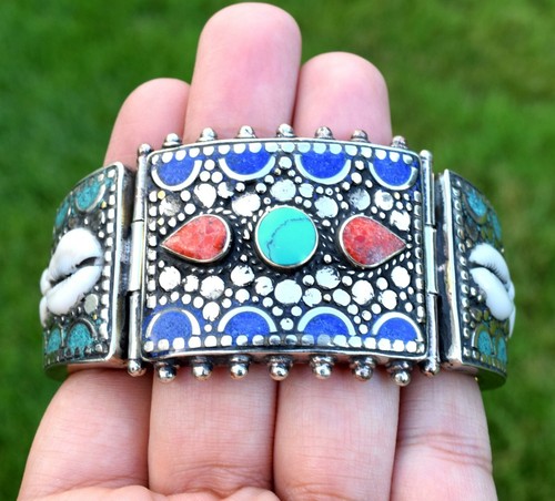 Tibetisches Silber Nepal Armband Türkis Koralle Ethno Armreif Muschel Scharnier Manschette - Bild 8 von 10