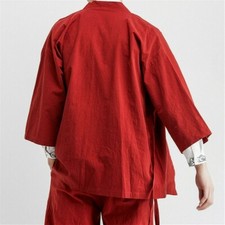 Men's Japanese Kimono Jacket Vintage Chinese Linen Cotton Cardigan Baggy Top SPW
