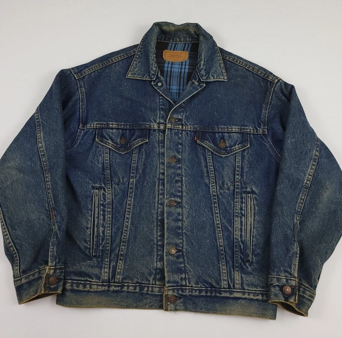 Vintage 80s Levi's Plaid Flannel Lined Blue Jean Denim Jacket Rare HTF USA Made