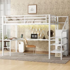 Full Size Metal Loft Bed with L-Shaped Desk/Wardrobe/LED Light & Storage Stairs