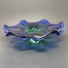 Art Glass Blue and Green Murano Style Vintage Flat Candy Bowl Dish Home Décor
