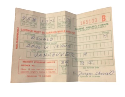 1972 Resident Steelhead Angler's Fishing License Oswald Vancouver BC C2