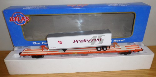 ATLAS O 6979-1 SANTA FE SF 89' FLAT CAR SCALE TRAIN 3 RAIL MILWAUKEE 45' TRAILER
