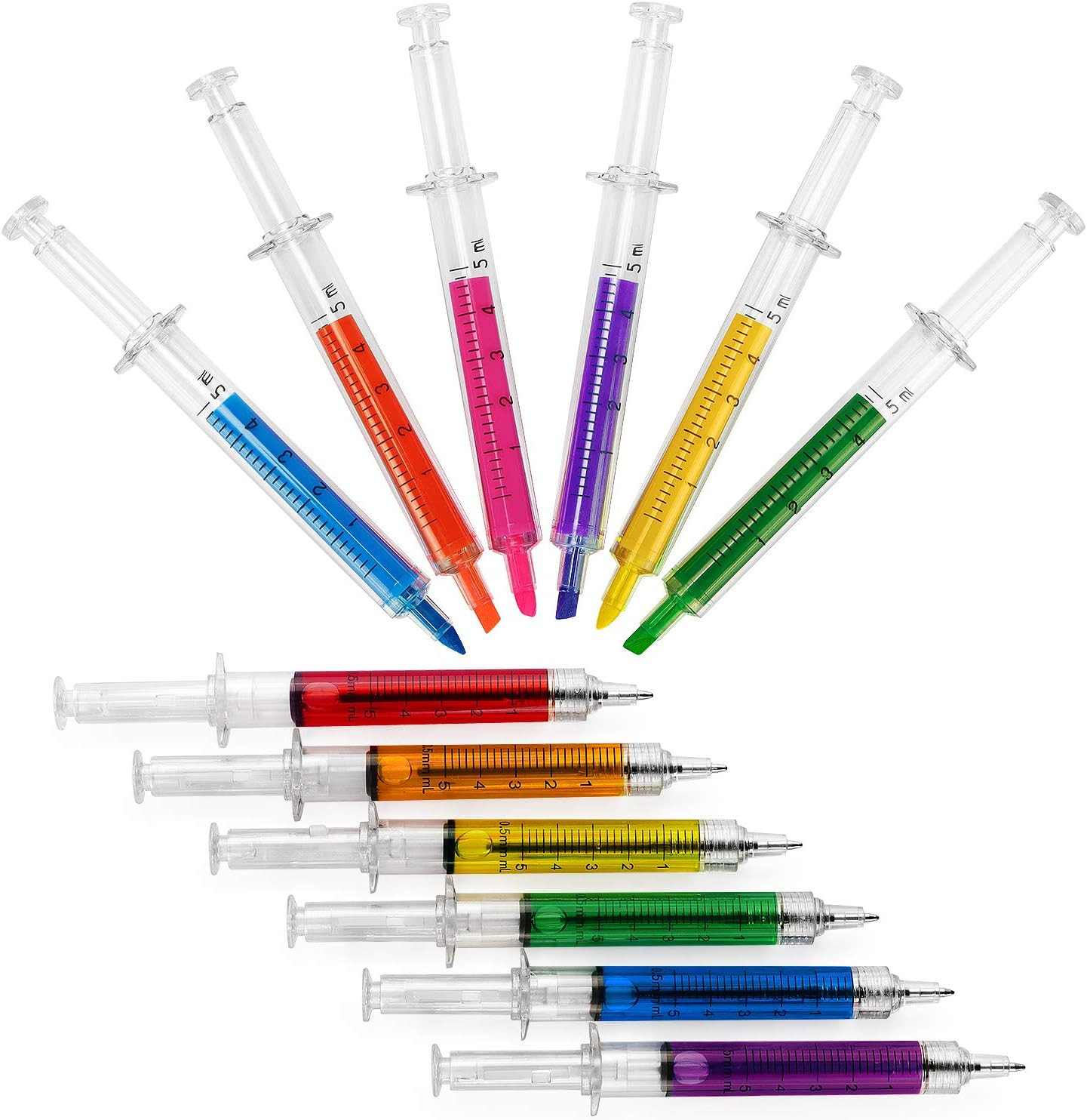 6 Syringe Ballpoint Pens + 6 Syringe Highlighters, Syringe Pen Multi Color Novel