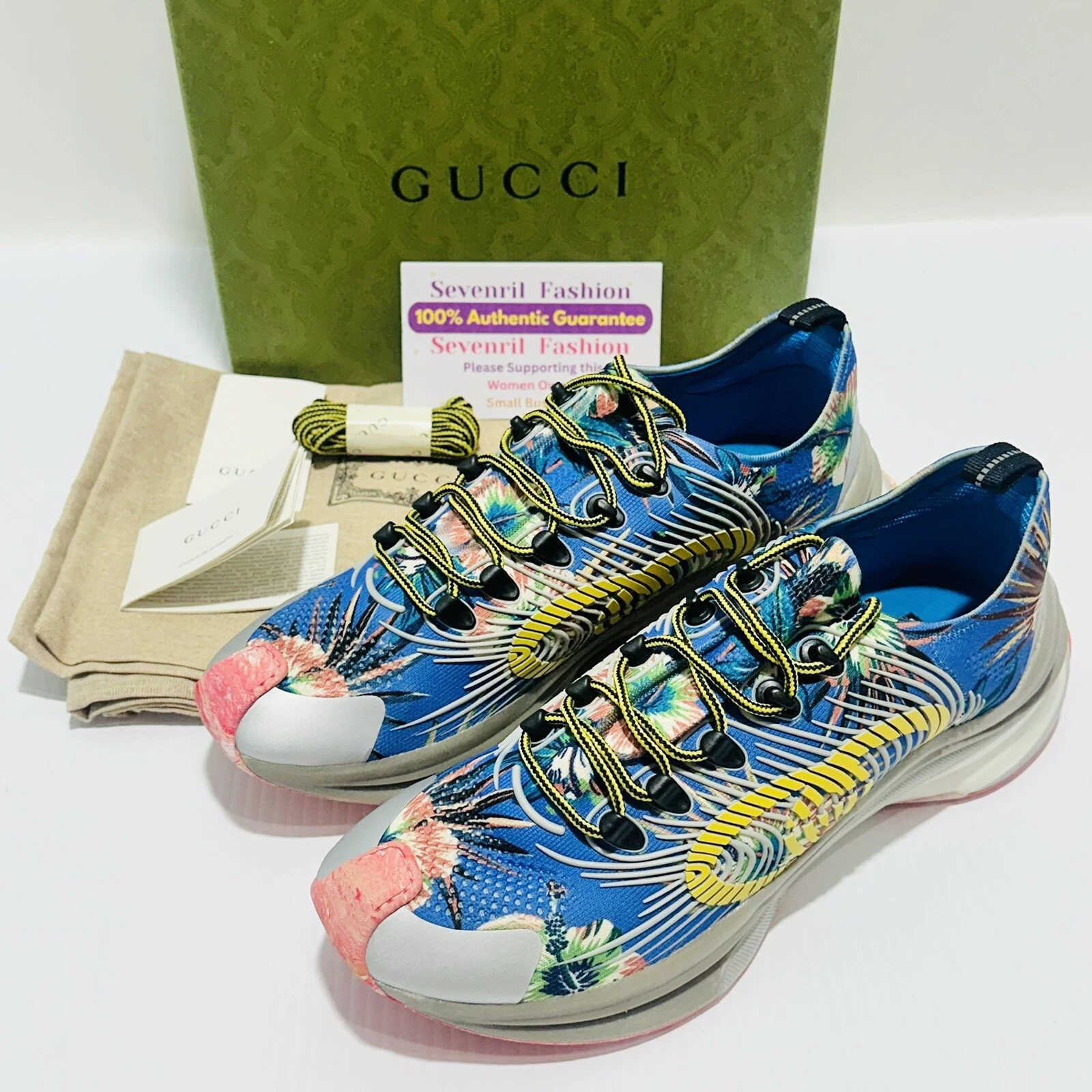 Baskets basses en tricot Gucci Run imprimé floral bleu chaussures gaufrées US 12,5 Neuf dans leur boîte