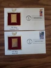 USPS. PCS FIRST DAY OF ISSUE 22k GOLD REPLICA STAMPS OLD GLORY UNCLE SAM N.Y. 
