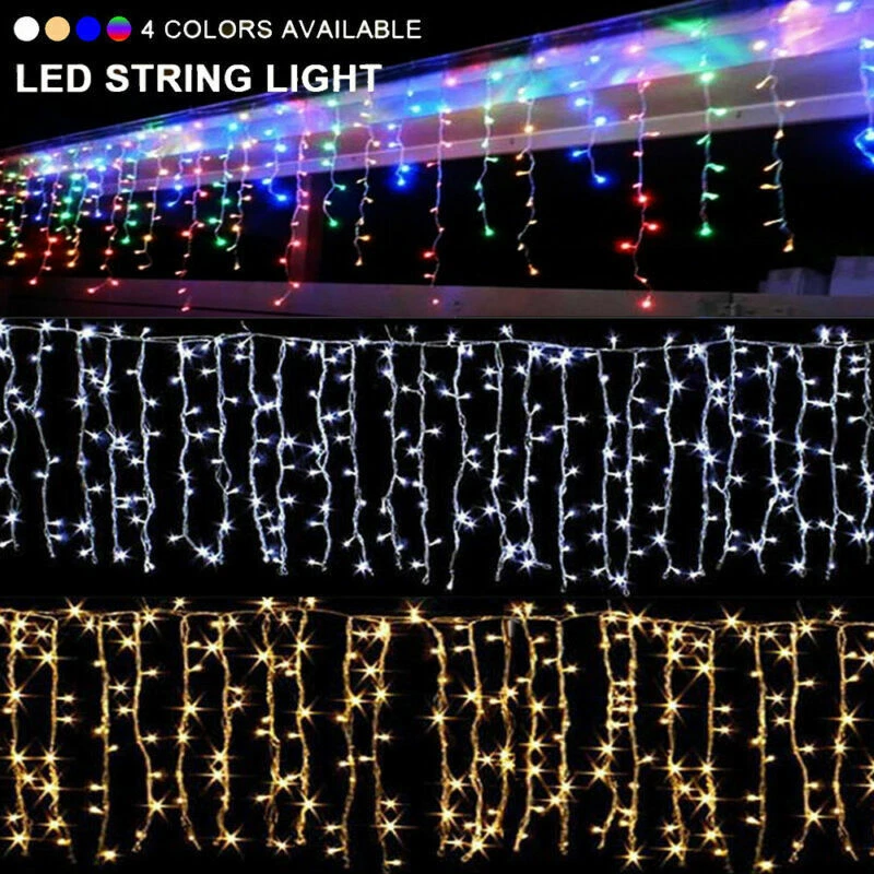 96-480 LED Hanging Icicle Curtain Lights Outdoor Fairy String Xmas Wedding Lamp - Image 2 of 4