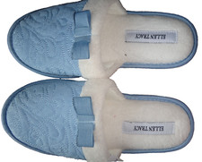 ELLEN TRACY Bow Flat Slipper Light Blue Quilted Textile White Fur Size S  5-6 