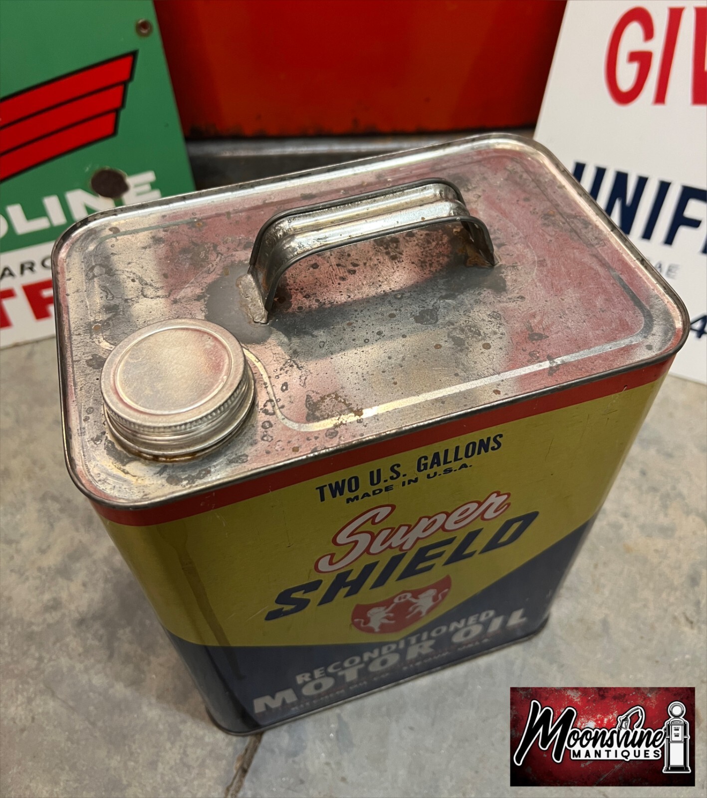 Vtg. SUPER SHIELD Motor Oil Can 2 Gallon Gas & Oil eBay