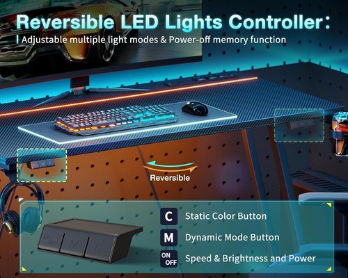 Gaming Desk LED Lights & Power Outlet Computer 31.5inch Small Space Carbon Fiber - Picture 6 of 6