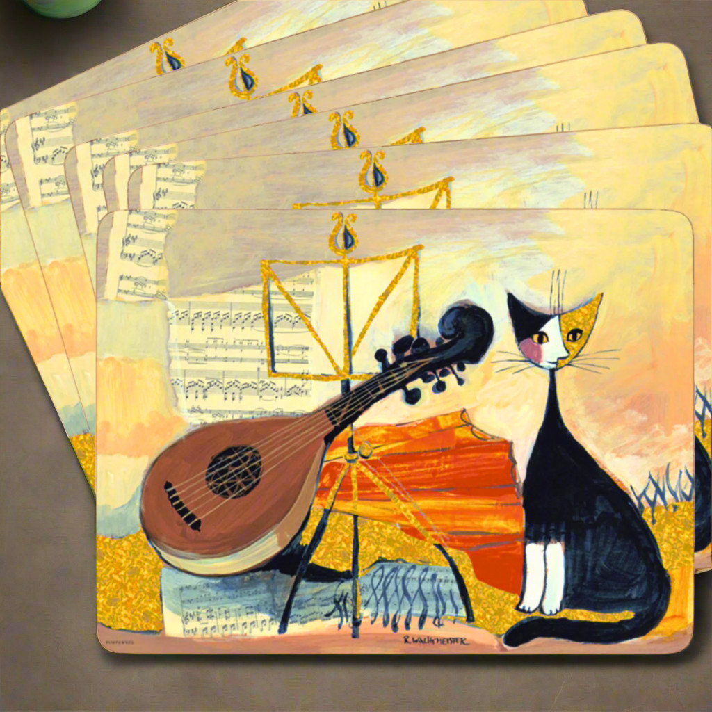 Pimpernel Musical Cat & Lute Placemats Set of 6 | Cork Backed | Heat Resistant
