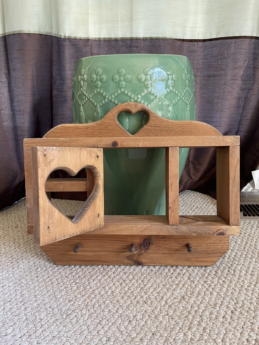 Country Wood Knick-Knack Shelf with center door and 3 pegs - Heart