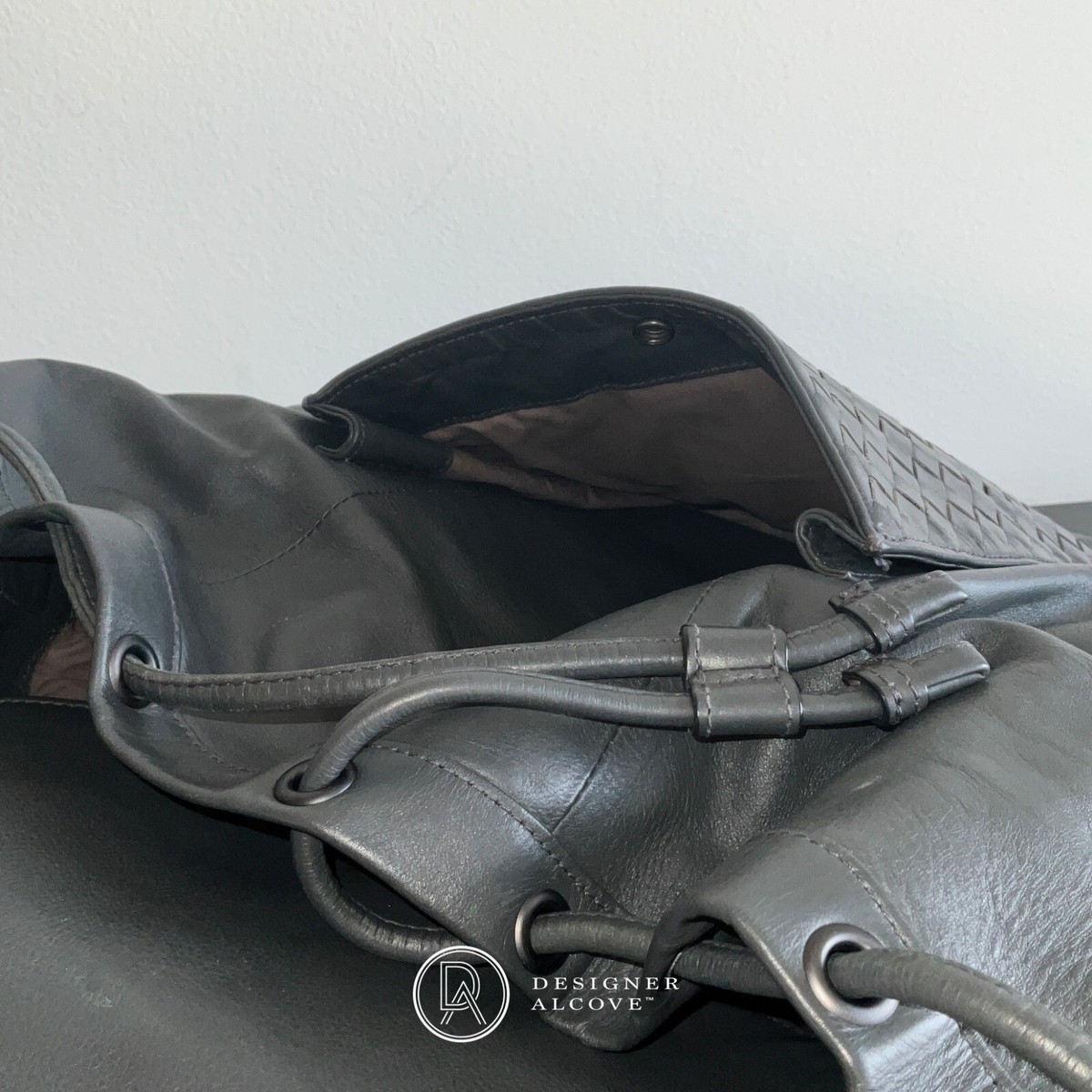 Vintage Bottega Veneta Drawstring Flap Backpack Gray Travel Slouchy Casual 90s Bottega Veneta Drawstring Flap Backpack Travel Ardoise Dark  main image 4
