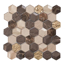 Hexagon Emperador Marble Metallic Brown Gold Beige Glass Mosaic Tile Backsplash