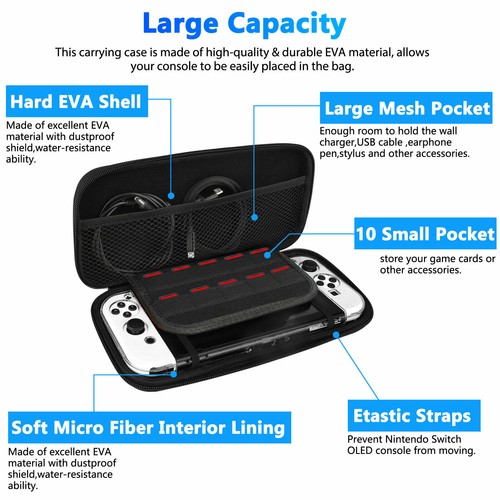 Carrying Case Bag+Tempered Glass Protector+Shell Cover For Nintendo Switch OLED - Picture 5 of 10