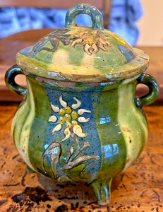 FRENCH ANTIQUE SUGAR JAR POT CERAMIC  EARTHENWARE FAIENCE POTTERY FREE SHIIPPING