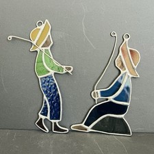 Vtg Stained Glass Sun Catcher Catching Fisherman Wall Hanging Ornament Set