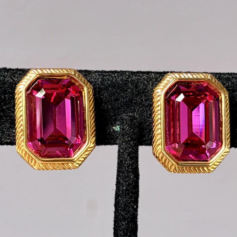 Signed Swarovski Pink Crystal Clip On Earrings Gold Tone Emerald Cut