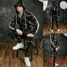 Men's PU Leather Tracksuit Coat Jacket Trousers Jogging Pants Sports Hoodie Set