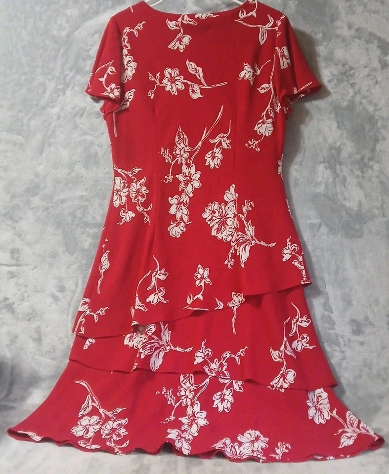 Vestido Sheri Martin NY 14 Rojo Blanco Floral Acampanado Largo Midi Forrado Foto 2 de 4