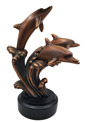 Vintage Copper Tone Resin Dolphin Trio On Waves Art Sculpture Figurine 10.5'' T