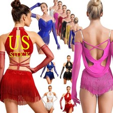 US Womens Cutout Fringed Bodysuit Glittery Rhinestones Dance Leotard with Gloves