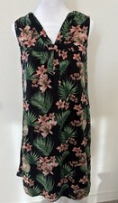 ZARA BASIC Floral Shift Sleeveless Knee Length Dress Black Pink Green Tie V-Neck