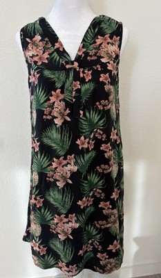 ZARA BASIC Floral Shift Sleeveless Knee Length Dress Black Pink Green Tie V-Neck