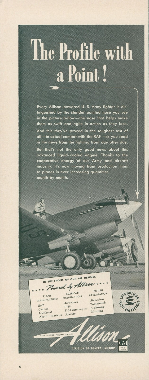 1941 WWII Allison US Army Fighter Plane RAF Nose General Motors Vtg Ad L39