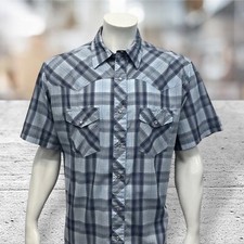 Wrangler Two Tone Blue Plaid Pearl Snap Short Sleeve Western Rodeo Shirt Size XL