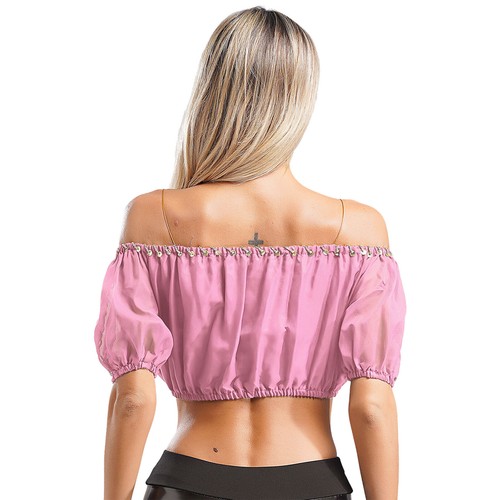 Mujeres Danza del Vientre Mangas Abullonadas Prendas para el torso Dobladillo Elástico Top Corto Baile Blusa Camisa - Imagen 87 de 108