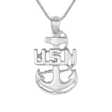 Sterling Silver U.S. Navy Anchor Pendant / Charm, Made in USA, Italian Box Chain