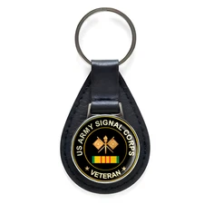 US Army Signal Corps Veteran Black Leather Keychain Silver Keyring Military Gift