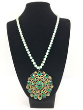 Vintage 40's Green Rhinestone Filligree Pendant Hand Knot Jadeite Bead Necklace