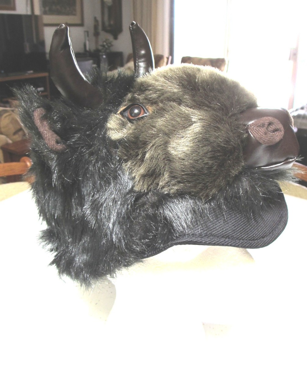 BUFFALO HAT furry VIKING head horns mens womens costume Bison