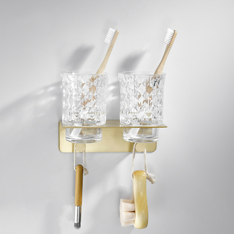 Brass Bath Toothbrush Holder Brushed Gold Rack Double Tooth Brushing Cup Glass