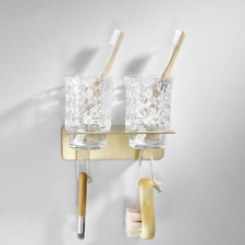 Brass Bath Toothbrush Holder Brushed Gold Rack Double Tooth Brushing Cup Glass
