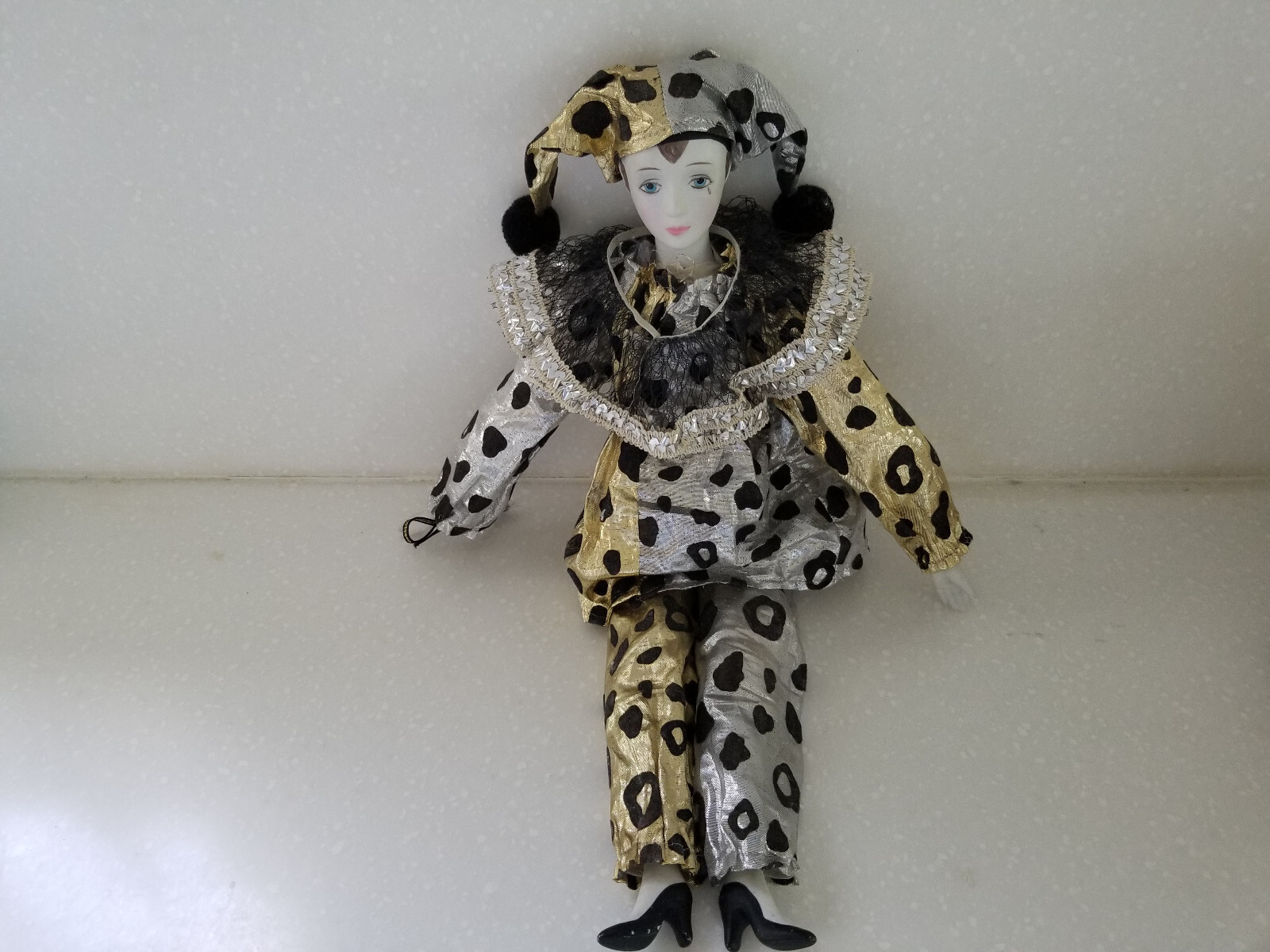 Harlequin Jester Clown Doll 17in Porcelain Face Gold Silver Outfit Handcrafted