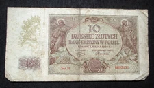 OLD BANKNOTE POLAND 10 ZLOTYCH 1940 WORLD WAR II GERMAN OCCUPATION Ser D 893131