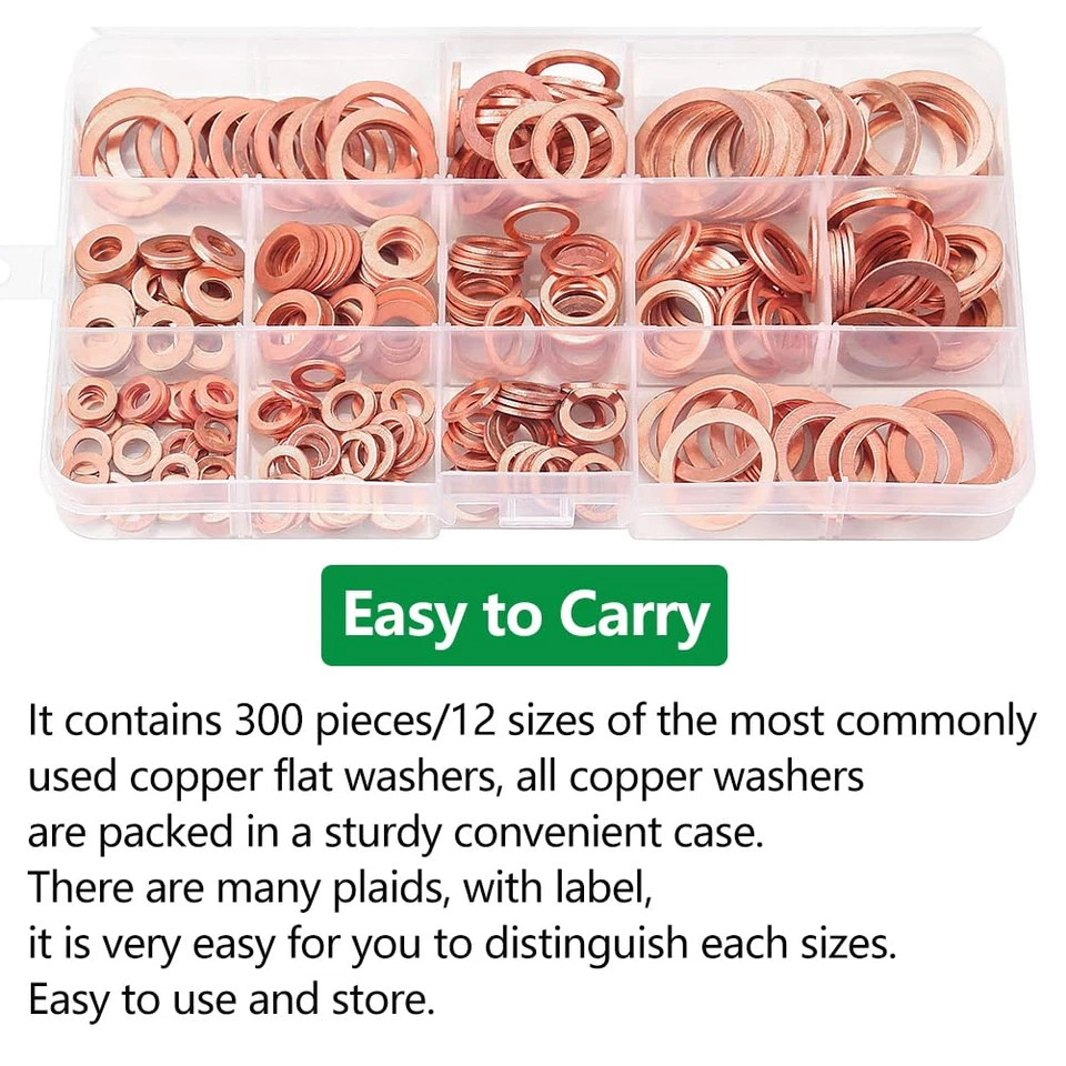 Kit 300 Rondelle in Rame 12 Misure Classificazione Metrica Guarnizione Rame Olio - Immagine 4 di 4