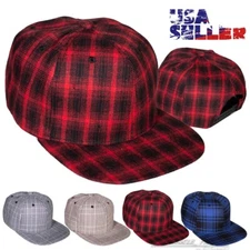Baseball Cap Snapback Adjustable Checker Flannel Plaid Plain Flat Hat Mens