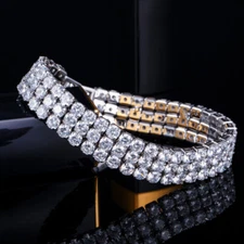 CWWZircons 3 Row Round Cubic Zirconia Silver Plated Big Wide Bridal Bracelets