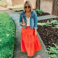 NEW a new day Red Tiered Eyelet A-Line Midi Skirt XS