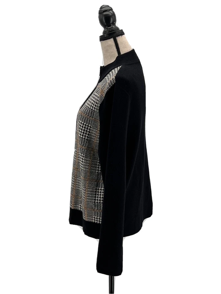 Pendleton Womens Cardigan Sweater Black Medium Tall Glen Check Zipper Mock Neck - Image 3 of 4