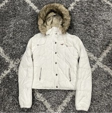 VTG Y2K Hollister Faux Fur Hood Sherpa Lined White Puffer Jacket Women’s Large