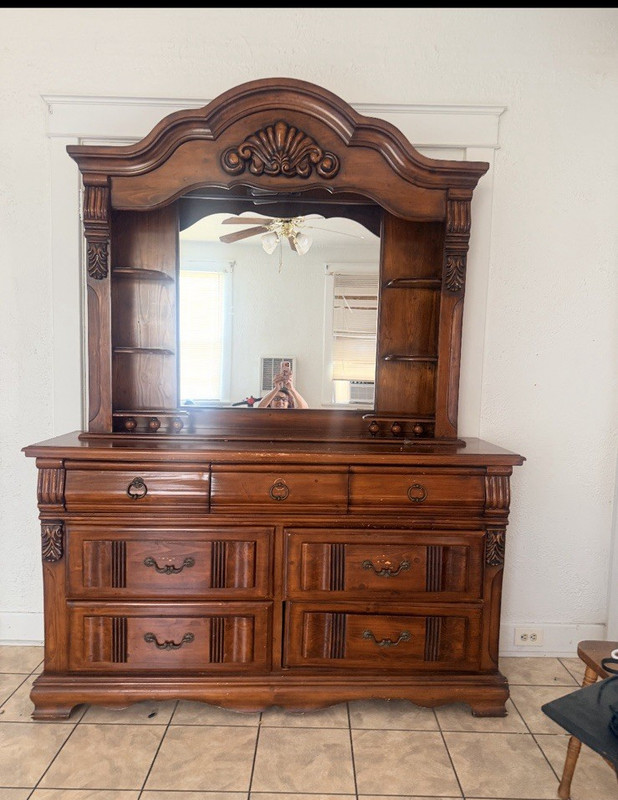 Brown Medium Wood 6-Drawer Freestanding Dresser w/ Mirror, Carved Accents