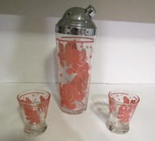 1950's Hazel Atlas Pink Elephants Glass Cocktail Shaker & 2 Double Shot Glasses