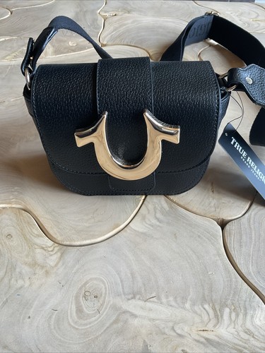 True Religion Black Crossbody Faux Leather Small Flap Huge Gold Horseshoe Logo - Picture 1 of 7
