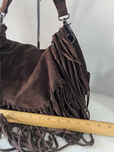 Borsa hobo Sorial pelle scamosciata frange tracolla chiusura con patta boho hippie western - Foto 6 di 18