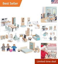 36-Piece Wooden Dollhouse Furniture Set with 4 Family Dolls for Imaginative Play